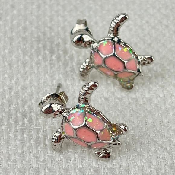 925 Sterling Silver Plated Green Pink Blue Fire Opal Sea Turtle Stud Earrings - Picture 4 of 9